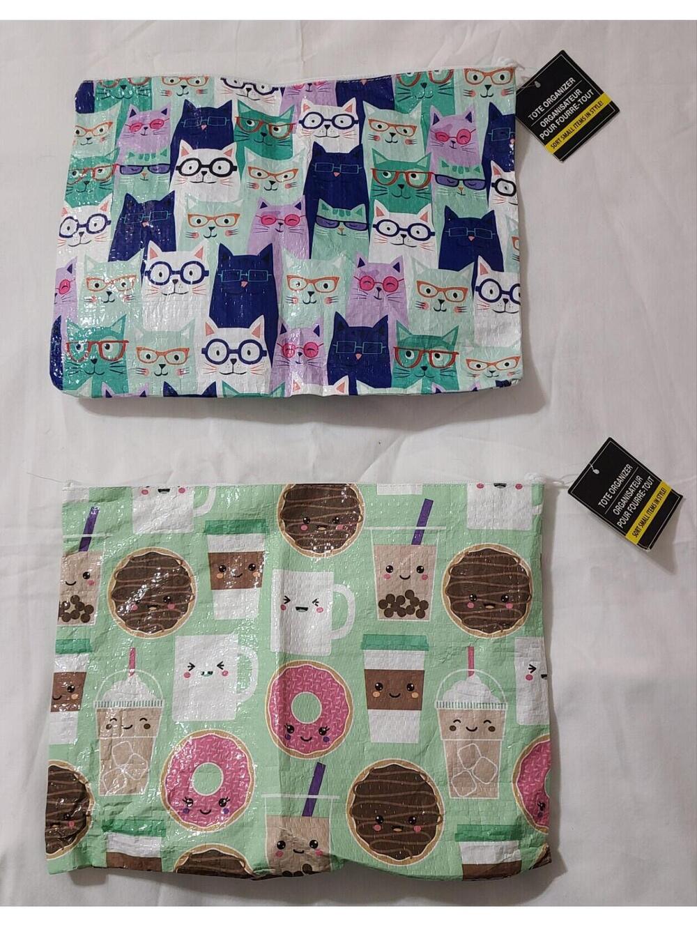 2pk Tote Organizer Bags Makeup Cosmetic Pouch Plastic Travel Cats Coffee Graphic